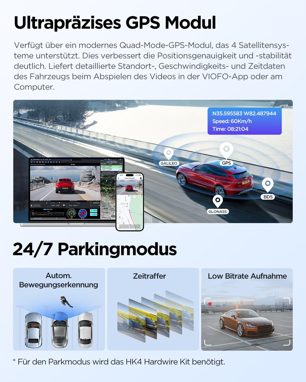 VIOFO A229 Plus 2K + 2K Dual STARVIS 2 HDR Dashcam Auto, Sprachsteuerung & 5GHz Wi-Fi, GPS, Super Nachtsicht 2.0, 2,4" LCD, 512 GB Max