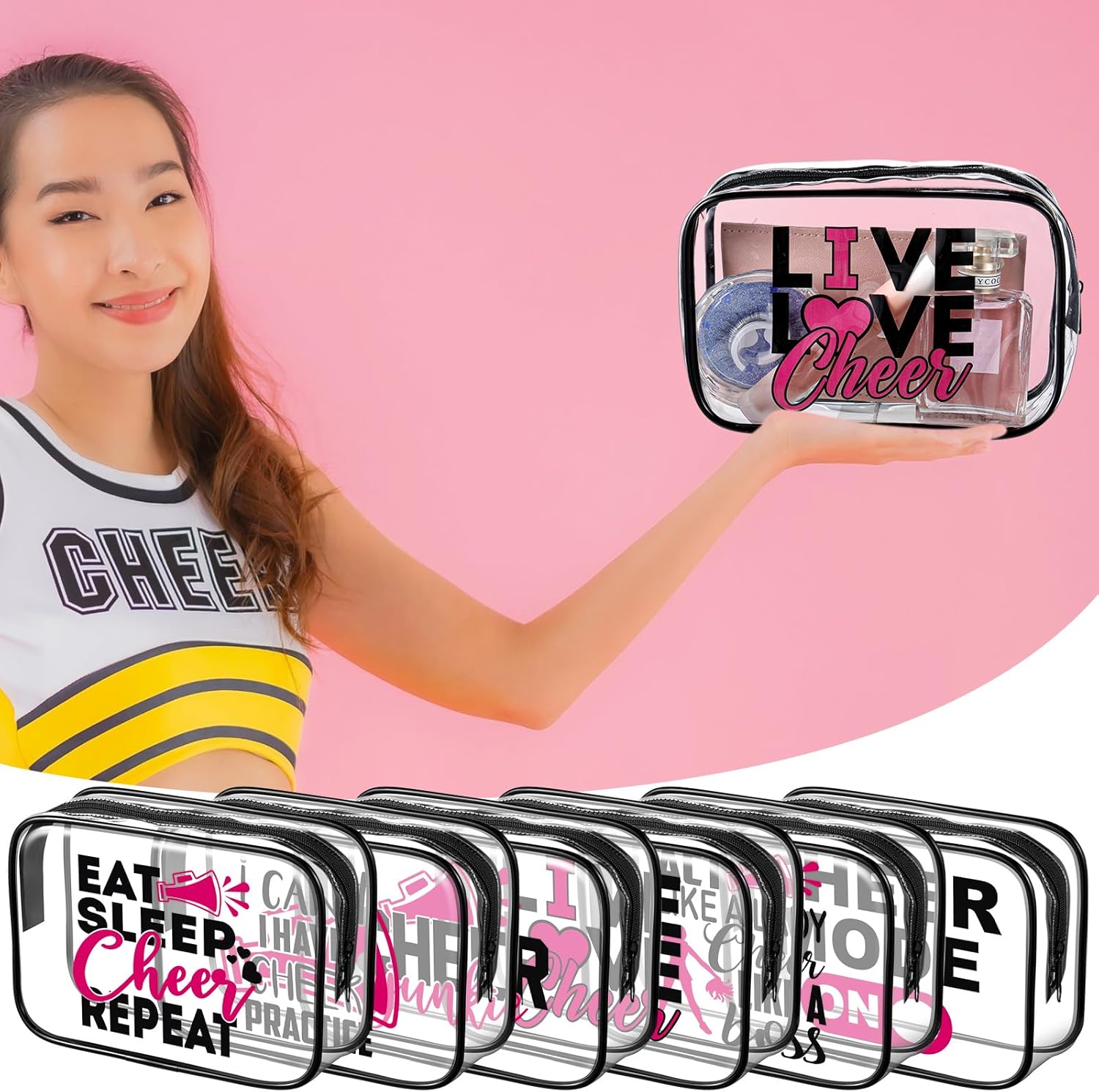 Abbylike 12 Pcs Cheer Team Makeup Bags Gifts Accessories for Cosmetic Bags PVC Cheer Case Clear Toiletry Zipper Pouch for Gifts Women Xmas, 7 x 4.7 x 2.4'' - Image 5