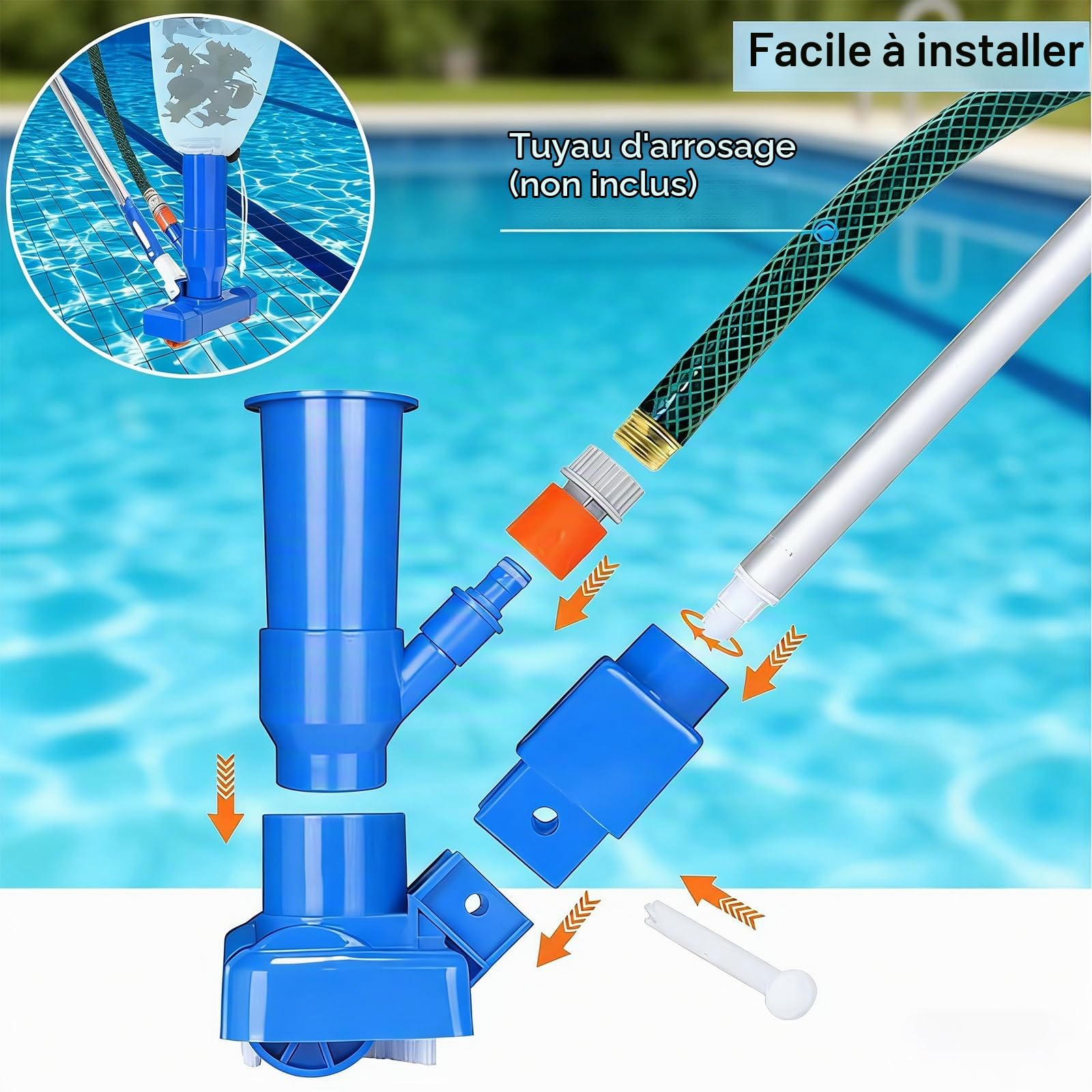 Kit d'aspirateur de fond de piscine, aspirateur jet portable avec tête de piscine à dépression avec manche télescopique, kit de nettoyage de piscine avec brosse de nettoyage et filet de skimmer pour