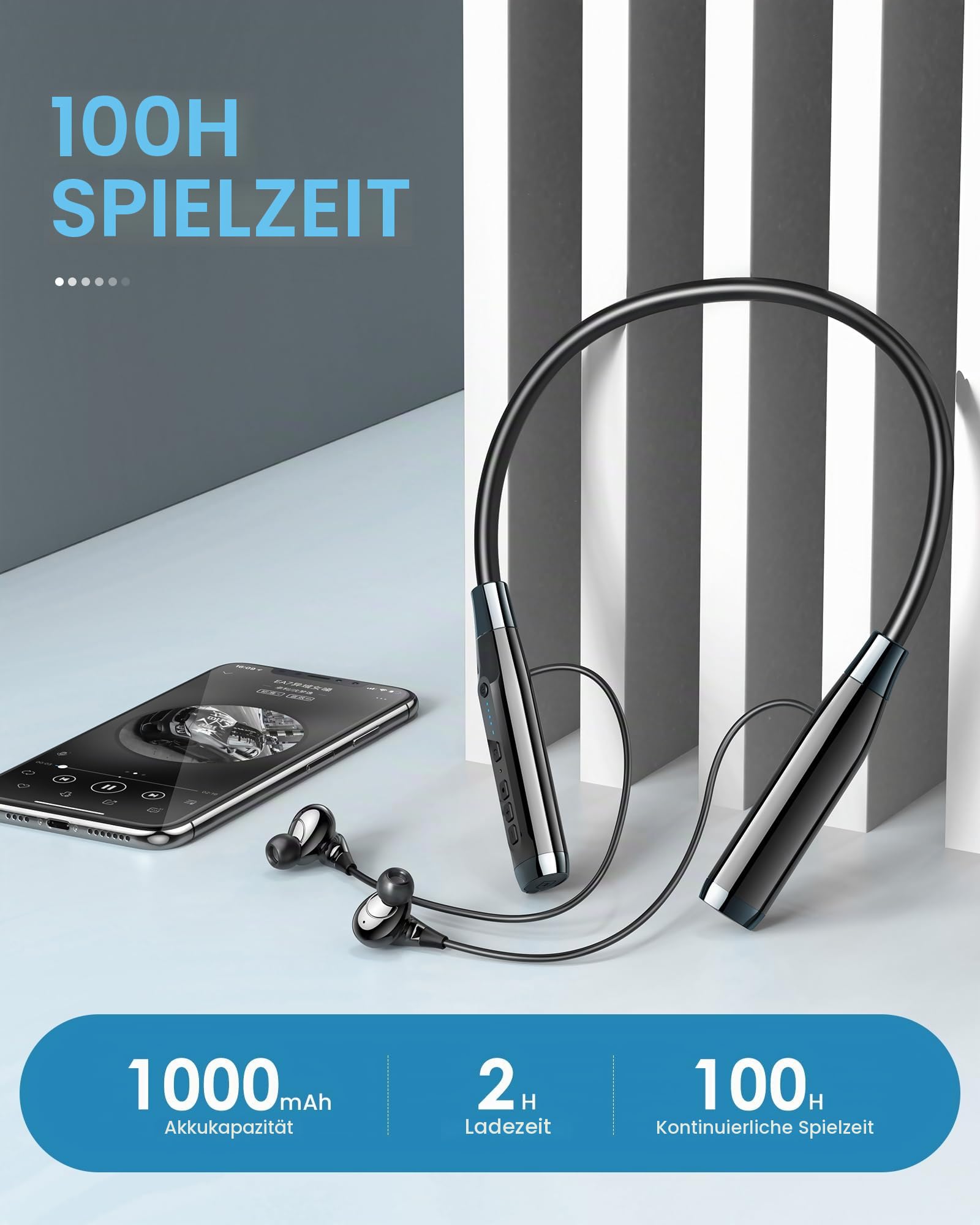 LAMA Bluetooth 5.4 Kopfhörer Sport Ohrhörer 100h Spielzeit Noise Cancelling Ohrhörer IPX5 Wasserdicht Kopfhörer In Ear Headset mit Batterieanzeige Mikrofon Nackenbügel Magnetisches Earbuds