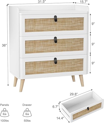 Miniatura 2 de Knowlife Cómoda de ratán de 3 cajones para dormitorio, cómoda blanca, cómoda de 3 cajones, cómoda de madera moderna con cajón de ratán natural para