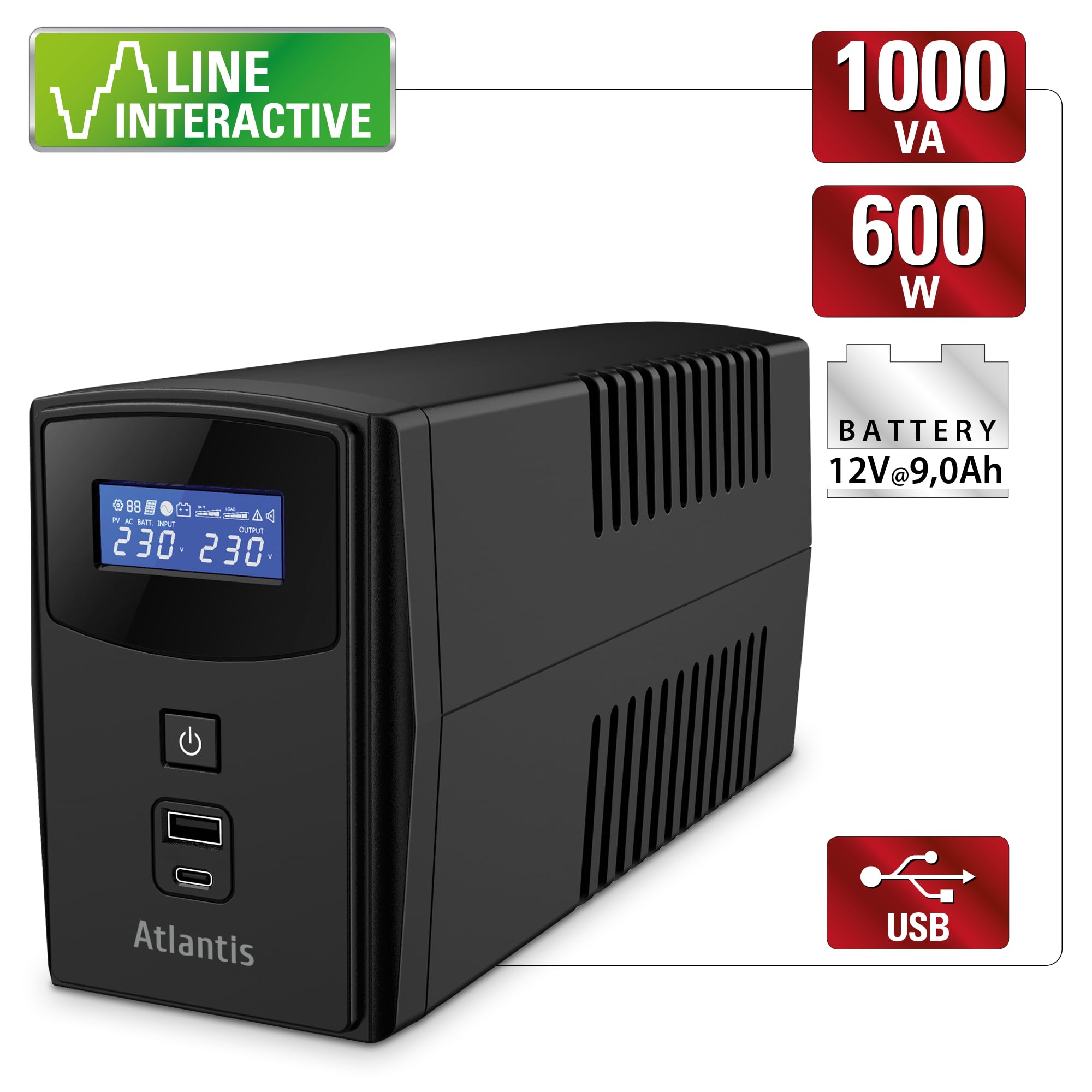 Atlantis A03-S1000P Gruppo di Continuità Onda PseudoSinusoidale 1000VA 600W Line Interactive LCD USB