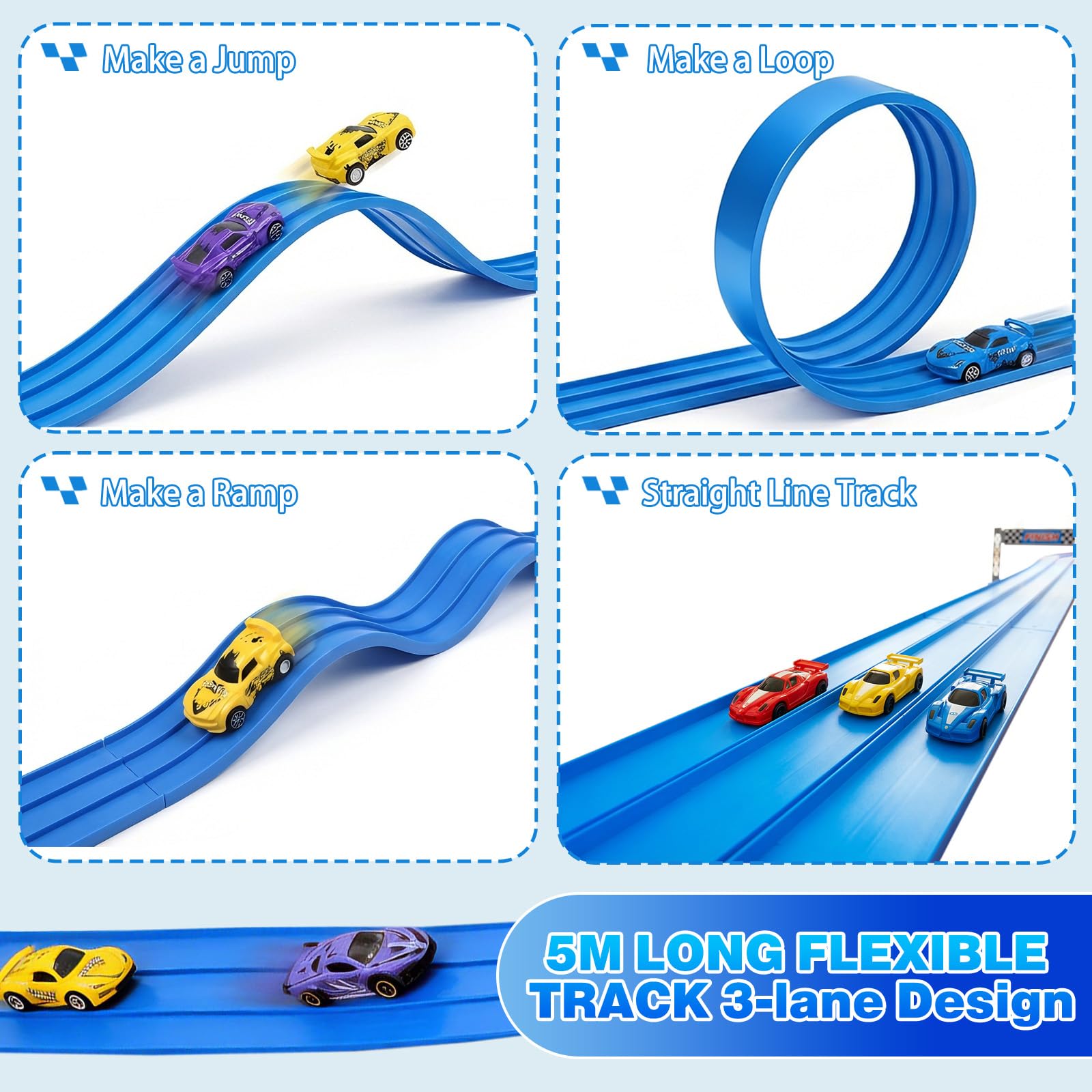 Flexible Autorennbahn Kinder, 3-Spur 5M Rennbahn Inklusive 6 Autos, Autorennbahn Race Car Track für 1/64th Autos, Hot Wheels Bahn Geschenke für 3 4 5 6 7 8 Jahre Jungen Mädchen