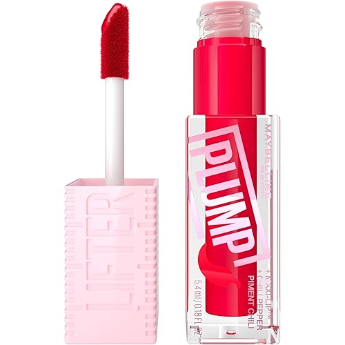 MAYBELLINE Lifter Gloss Lifter Plump, brillo labial con chile y 5% Maxi-Lip, bandera roja, rojo transparente, 1 unidad