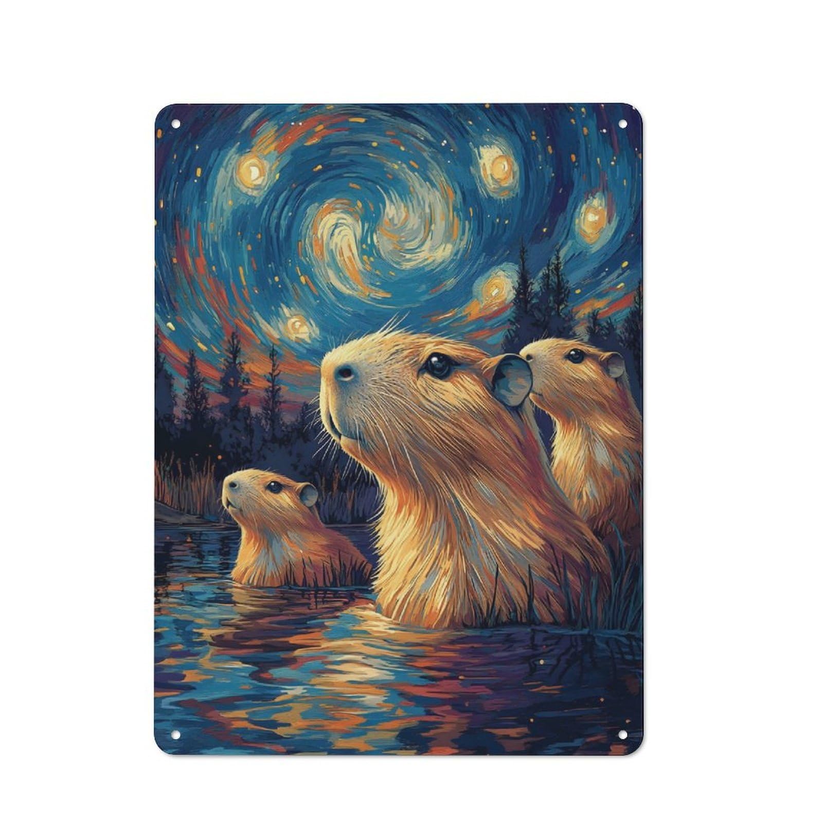 Junmoney Capybara Under Starry Night Tin Wall Plaque 40X30cm With For Pub Or Café, Suited To Pub Decor Enthusiasts, For Retro Home Interiors