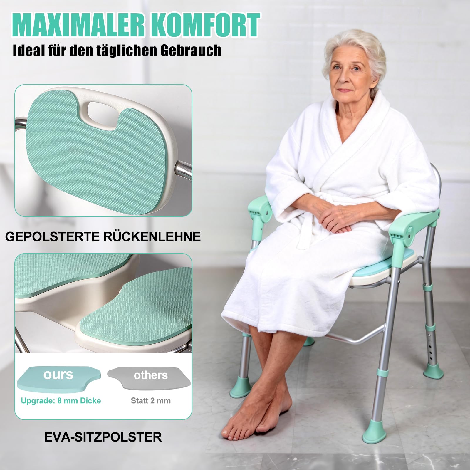 Klappbarer Duschstuhl U-Form, Duschhocker Platzsparend für Senioren & Behinderte, Belastbar bis 158kg, Badestuhl mit Armlehnen & Polsterung, Stabiler Duschsitz für Kleine Duschen
