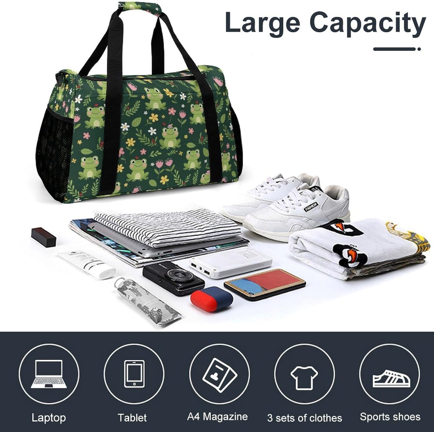Travel Duffle Bag for Men Women (Floral Frogs)