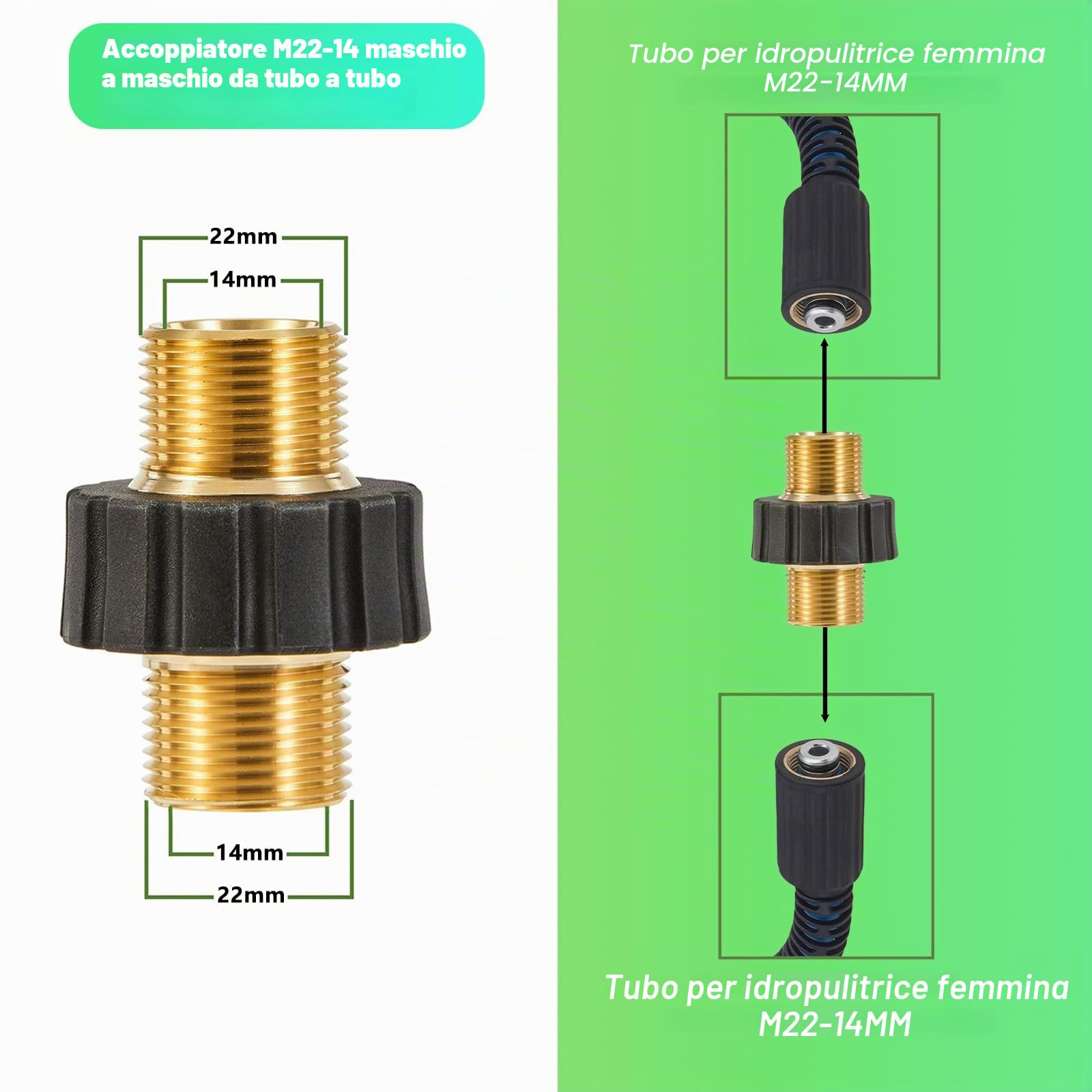 Set di adattatori per idropulitrici ad alta pressione, in rame, 6 pezzi Quick Connect per idropulitrici, M22 girevole su attacco rapido da 3/8 pollici per pistola a spruzzo