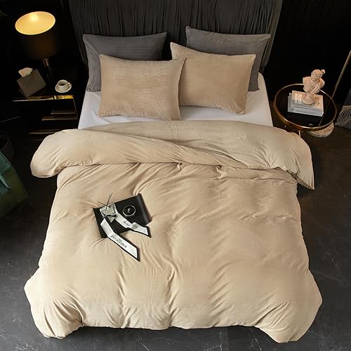 Miniatura 2 de Ivellow Juego de funda de edredón de terciopelo tamaño Queen, funda de edredón de terciopelo caqui, funda de edredón tamaño Queen, 3 piezas, funda