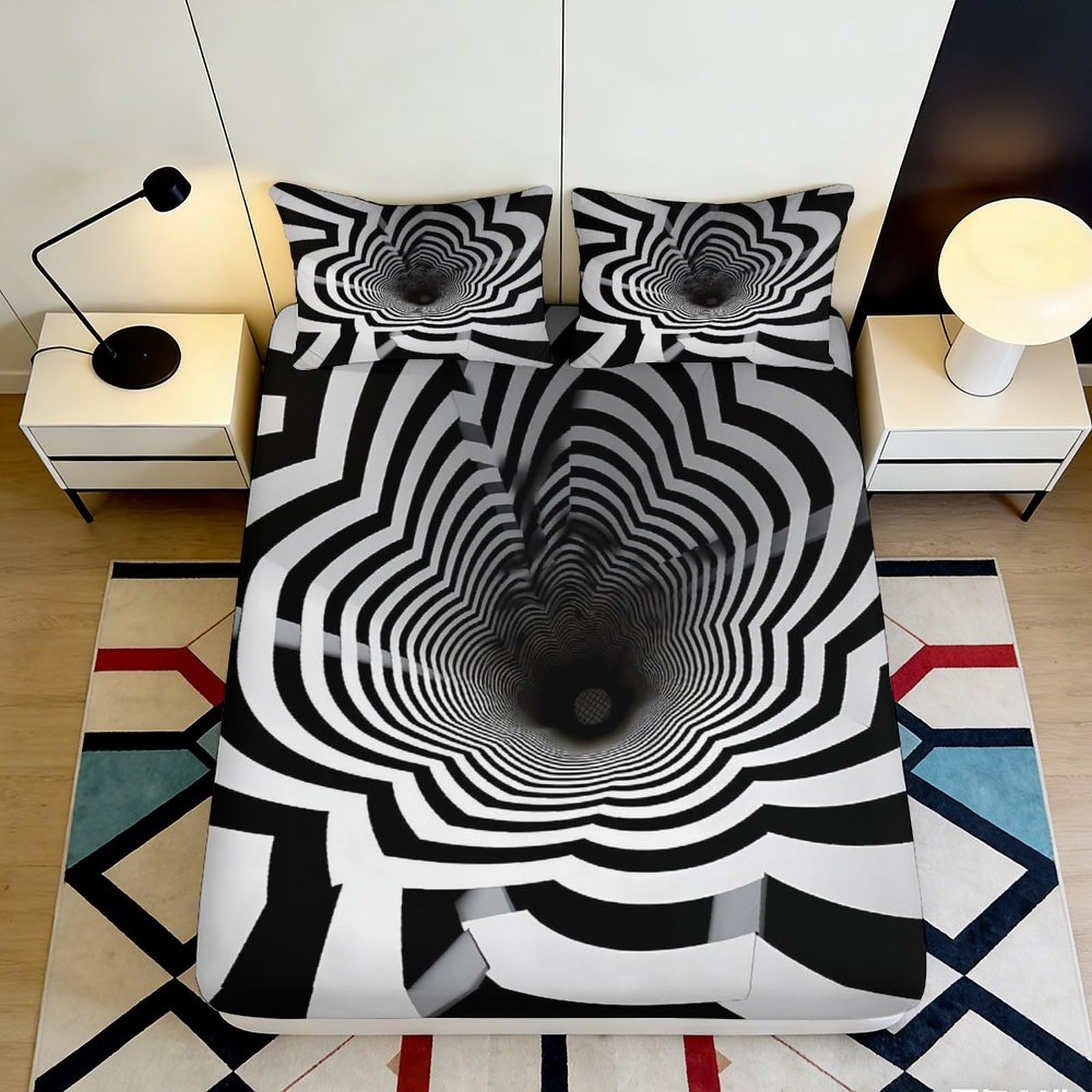 3D Printed Optical Illusion Black White Fitted Sheet Microfiber Soft Geometric Mattress Cover for Bedroom Guest Room Decor 90x200x25cm