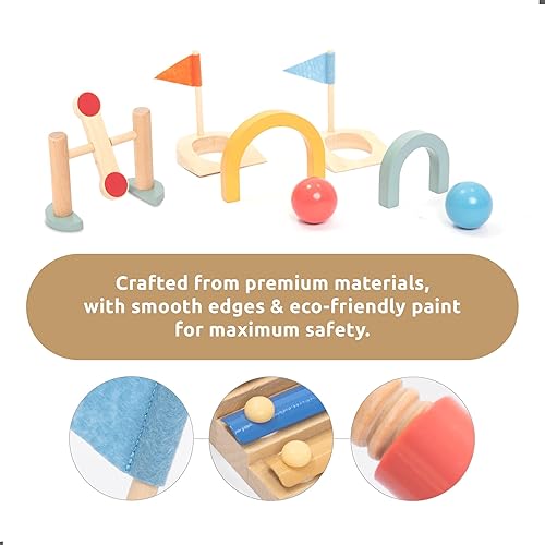 Miniatura 2 de umu Juego de minigolf de madera para niños, 6 obstáculos, juguete de golf para interiores y exteriores con pelotas y palos, juguete de aprendizaje