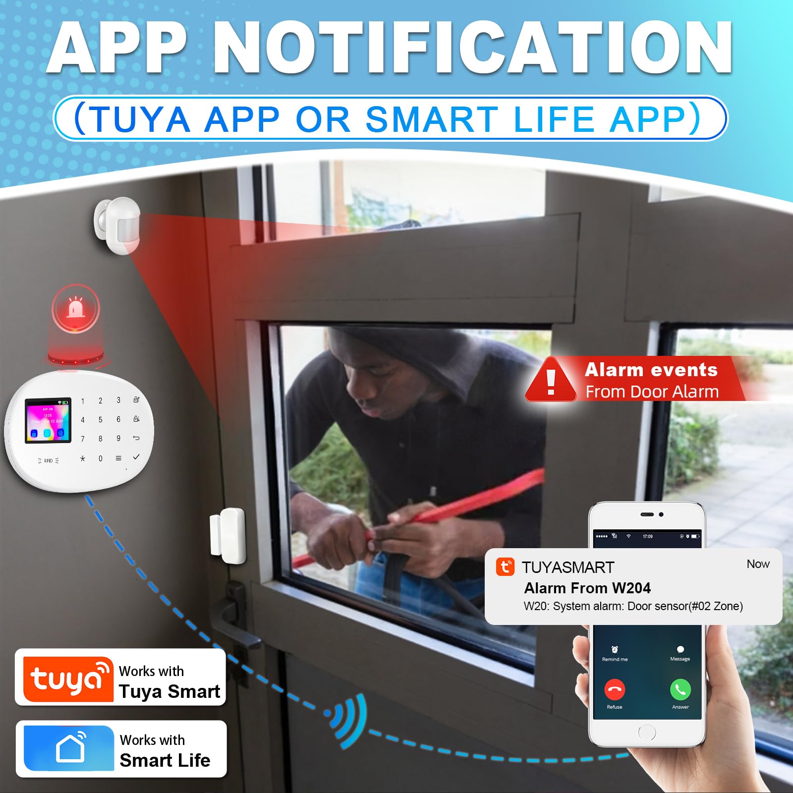 TOWODE W204 Système d'alarme de maison sans fil – Batterie et alimentation secteur double alimentation avec capteurs de mouvement, capteurs de porte et télécommandes radio pour appartements et maisons