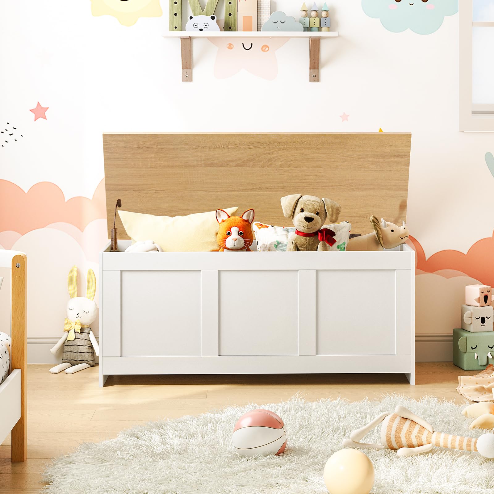 HOOBRO Truhen, Sitzbank mit Stauraum, Spielzeugkiste mit Deckel, 100 cm Aufbewahrungstruhe, Truhe mit Sicherheitsscharnier, Eingangsbereich, Weiß und Natürliche Holzfarbe EWN141CW01G1