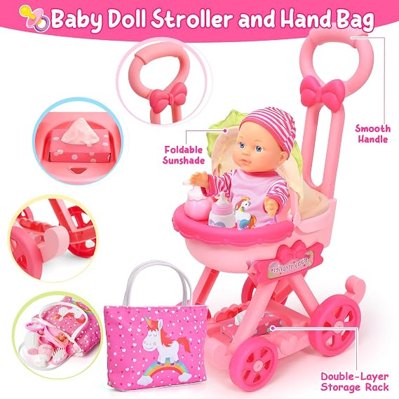 Golray Girl Baby Doll Stroller Toy Set with 12 Baby Doll & 17pcs Baby Doll Accessories Handbag/Clothes/Sunshade/Feeding Nursery Pretend Play Toy Birthday Gift for Toddler Girls 3 4 5 6 7 Years Old