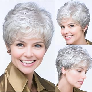 XIUFAXIRUSI XIUFAXIRUSI Short Curly Grey Pixie Wigs for White Women Sliver Grey Layered Synthetic Wig Natural Looking Pixie Cut Fluffy Wigs with Bangs