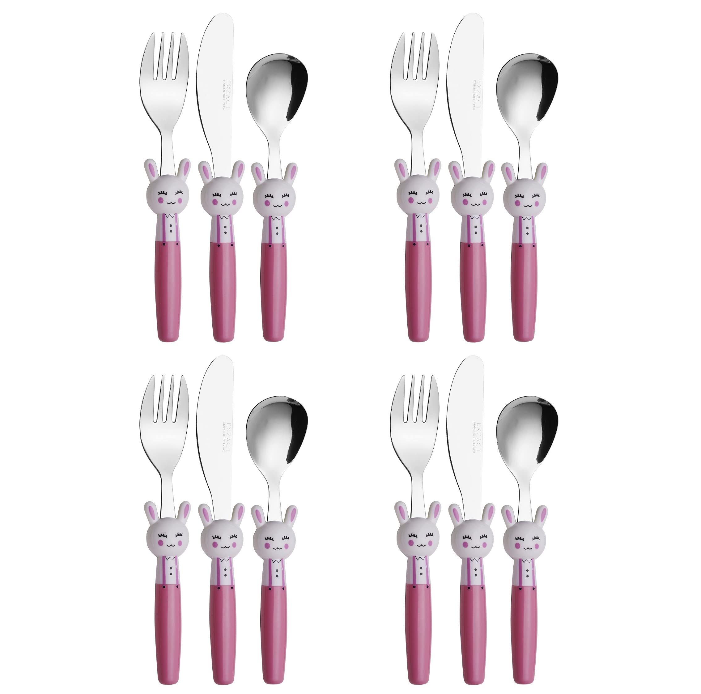 EXZACTChildren's Cutlery Stainless Steel 12pcs/ Kids Toddler Flatware - 4 x Forks, 4 x Dinner Knives, 4 x Spoons - BPA Free - Dishwasher Safe, 24M+ (Rabbit x 12)
