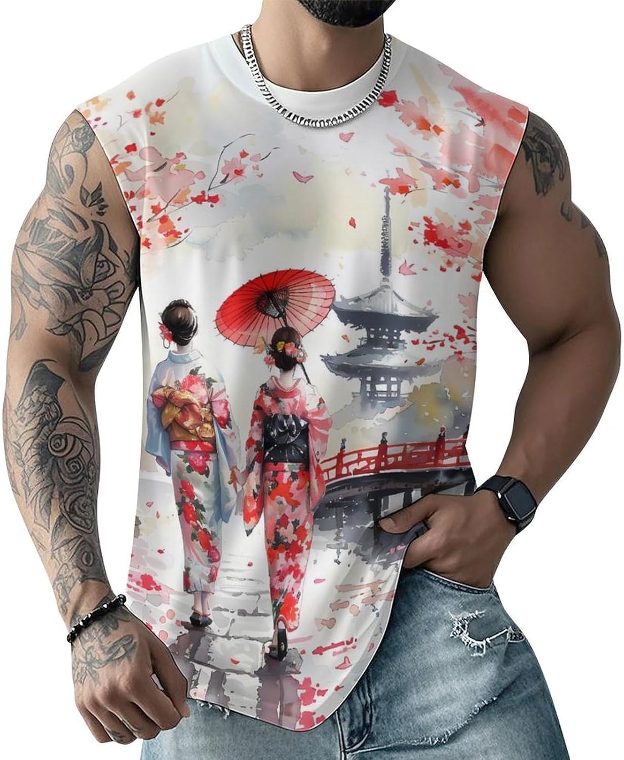 Japanese Geisha's Stroll Men Summer Sleeveless Crew Neck Top 5XL