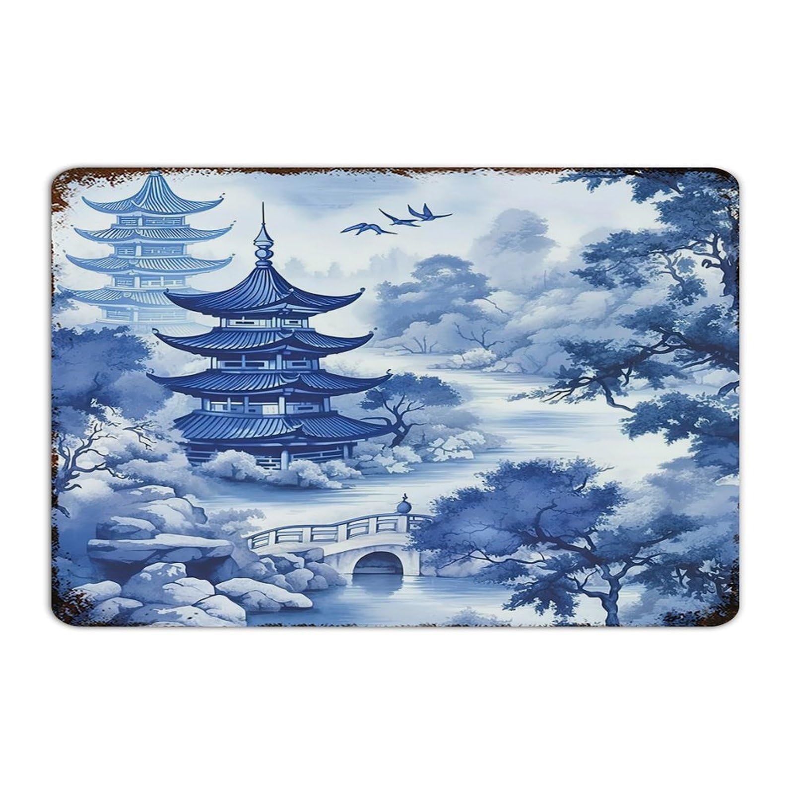 Plaque en métal pagode pour porche et porte d'entrée rétro bleu et blanc