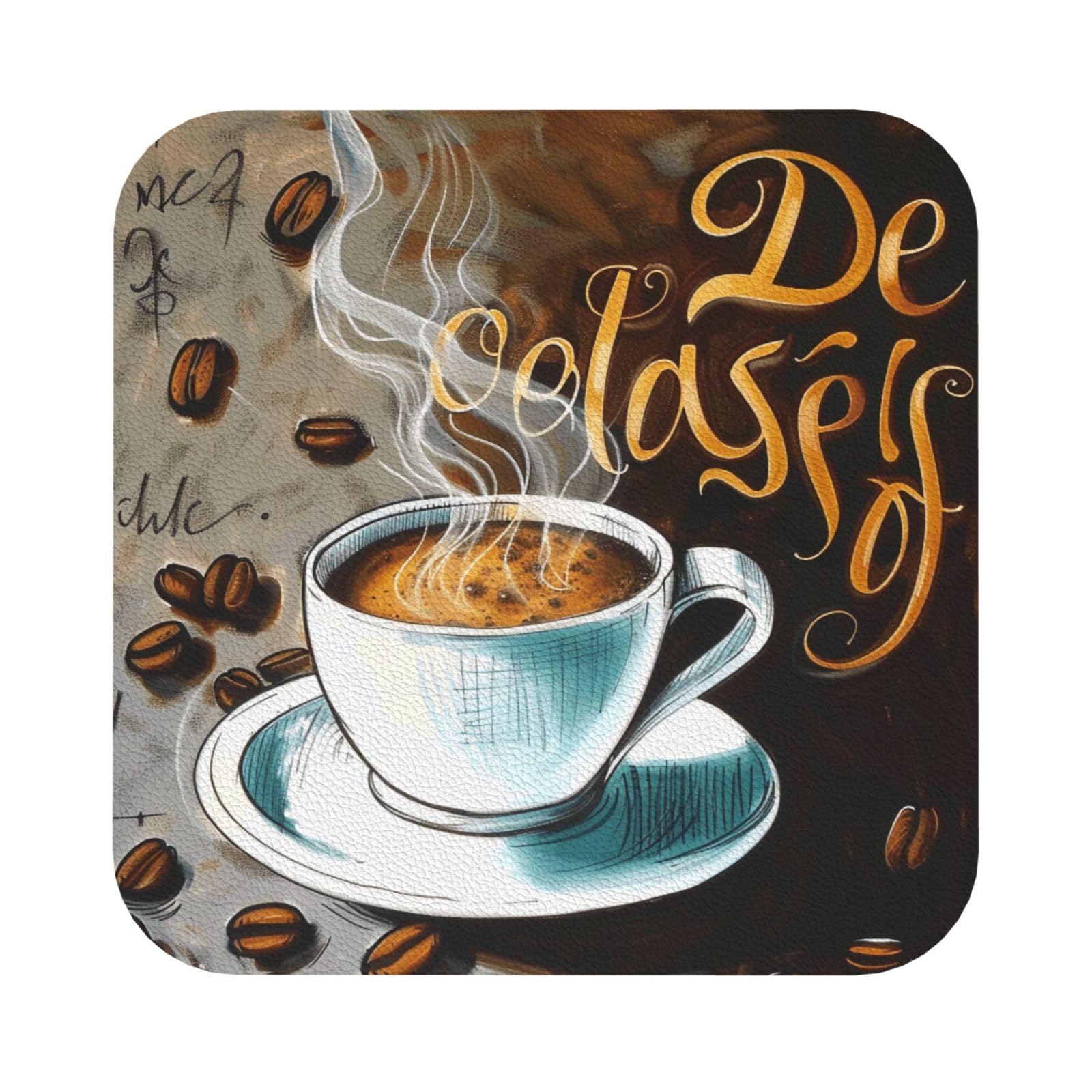 Delicious Coffee Print Leather Coaster Set of 6, Square Coasters Table Decorative Coffee Cup Beverage Coasters Wine Beer Bar Coasters for Hot Drinks Table Protection
