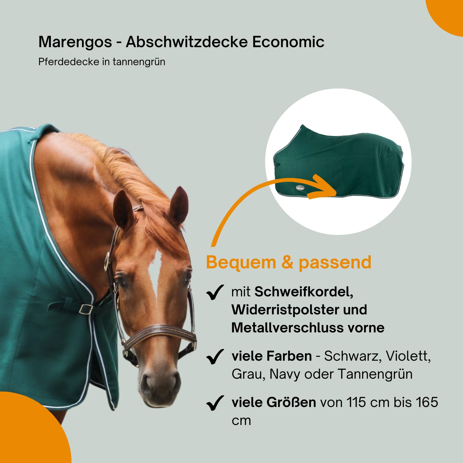 Marengos - Abschwitzdecke Economic | Pferdedecke mit Schweifkordel, Widerristpolster & Metallverschluss | atmungsaktive Fleecedecke | Pferde-Outdoordecke | Pferde Zubehör in Tannengrün | 155cm