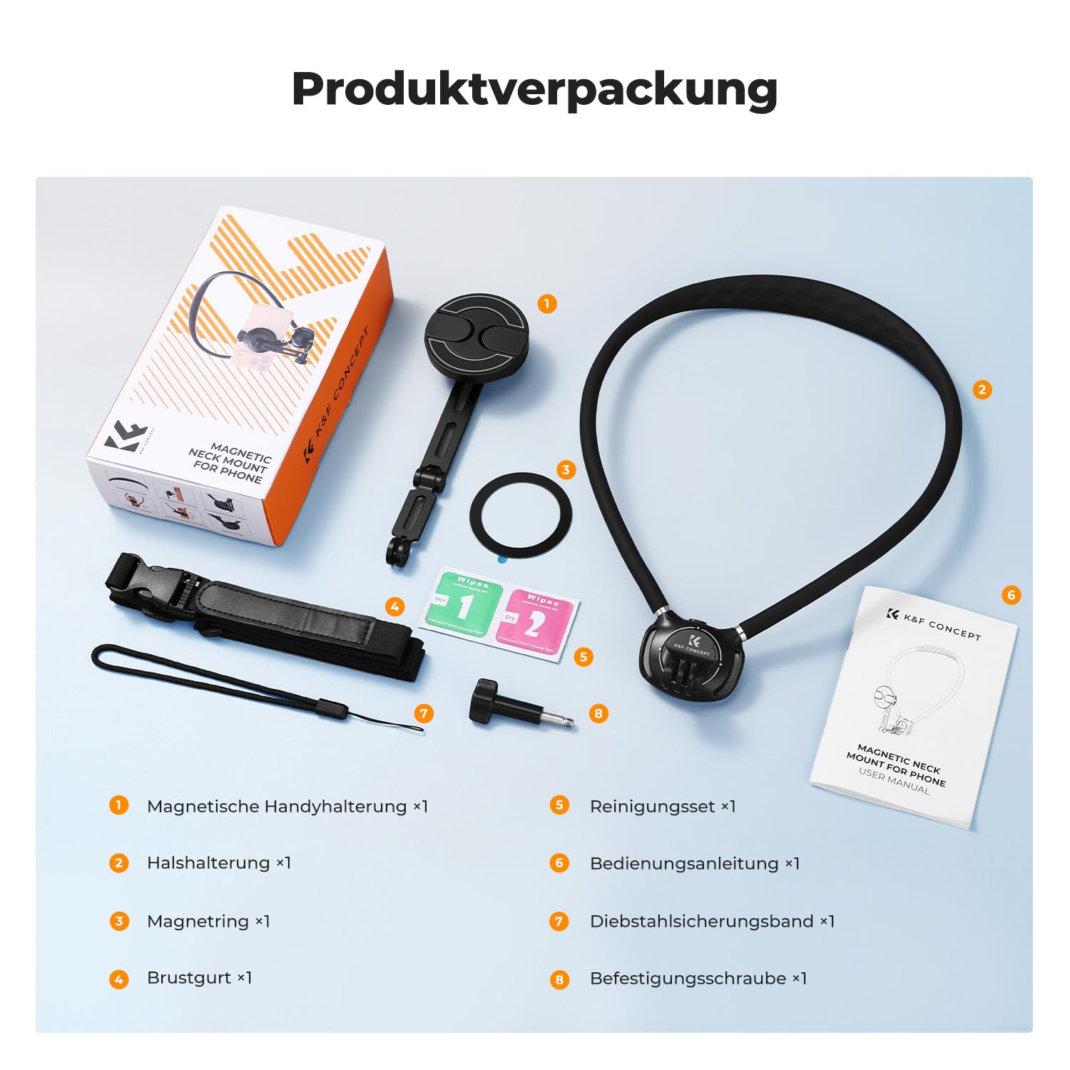 K&F CONCEPT Handyhalterung für den Hals mit Doppelfunktion, magnetische Halterung und Telefonclip, mit luftgepolsterter Basis, 65 cm Länge, komplett mit Riemen und magnetischer Führungsplatte(Schwarz)