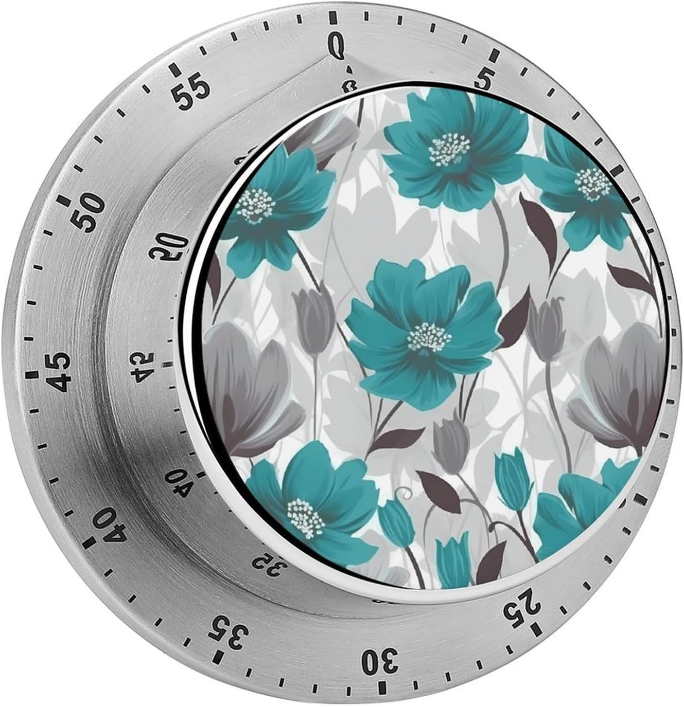 Teal Grey and White Floral Timer Stainless Steel Kitchen Timers Waterproof & Rust-Proof 60 Minute Mechanical Timer with Loud Alarm for Cooking, Baking, Fitness