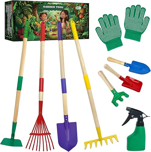 Juego de 9 herramientas de jardinería para niños, juguetes con pala, rastrillo, azada y rastrillo de hojas para jugar al aire libre, juguetes