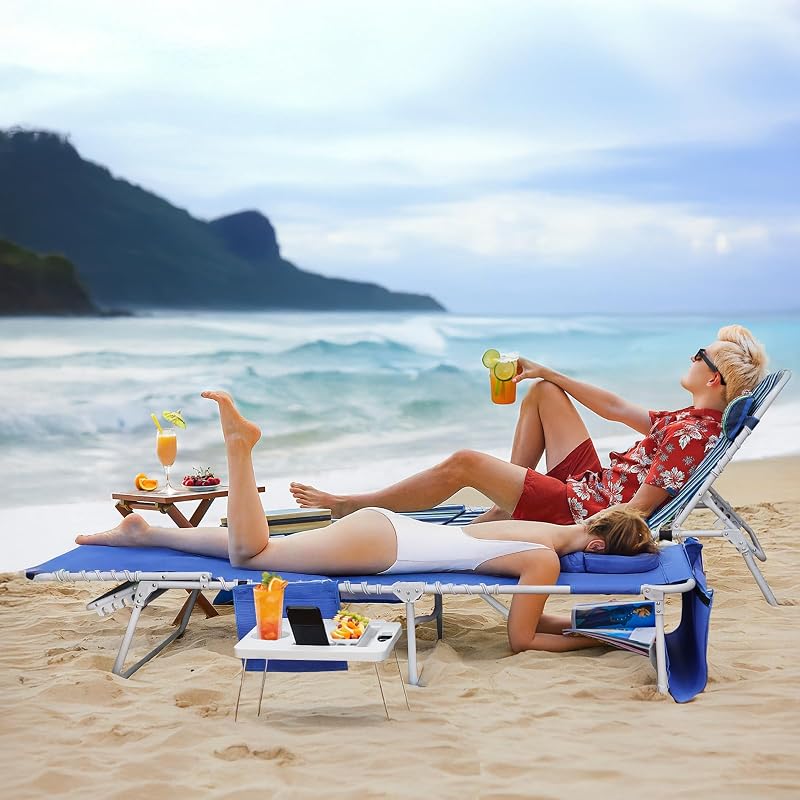 3-in-1 Beach Chair Face Holes, Lounge Chair Outdoor with Folding Side Table, 5-Position Recliner, Lay Flat, Removable Pillow, Heavy Duty, Max 330lbs, Poolside, Patio, Camping, Backyard Striped Blue image 2