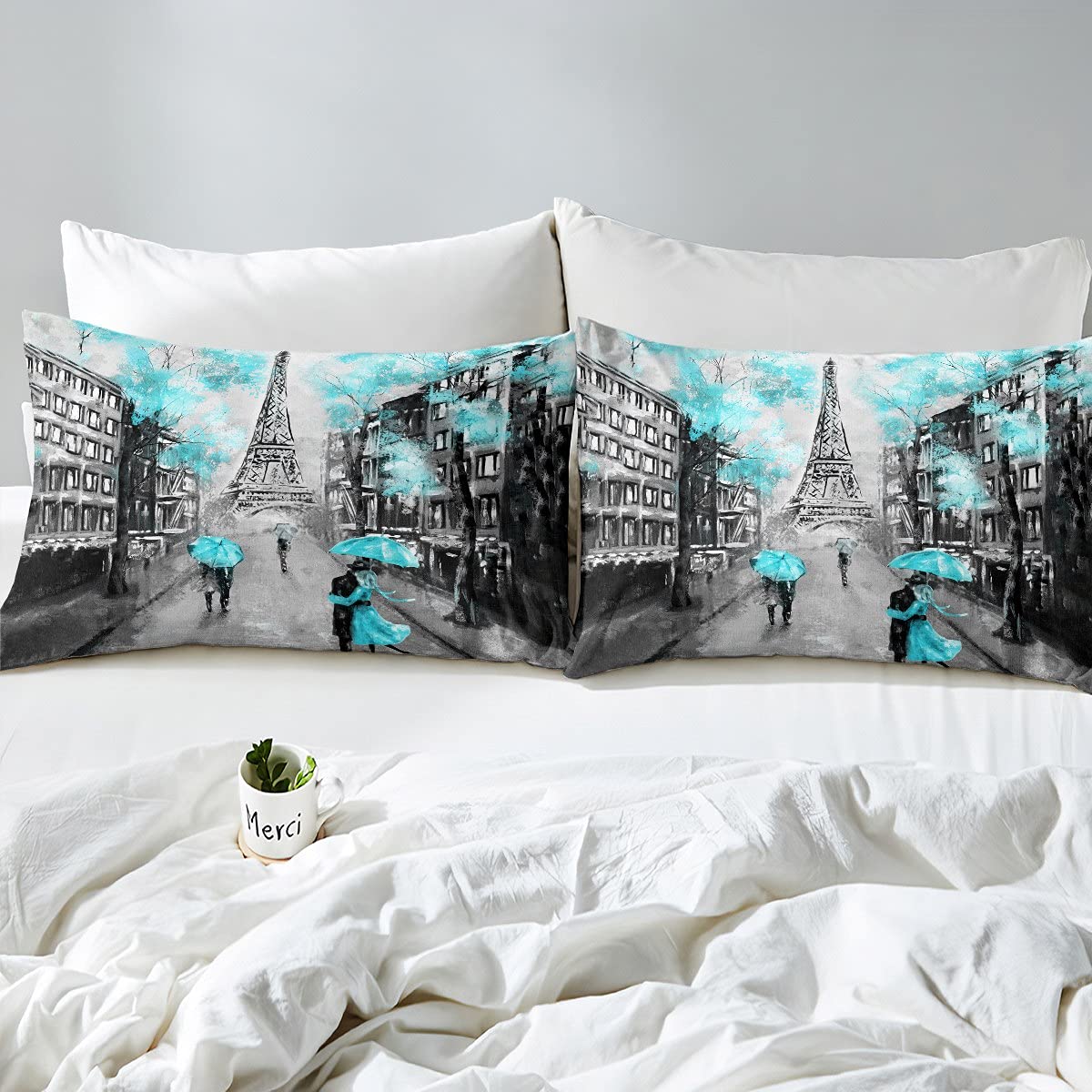 EDGZKO Set Biancheria Da Letto King Size Con Torre Eiffel - Rosa E Grigio, Stile Francese Romantico, 1 Piumino 265x228 Cm E 2 Federe 50x75 Cm - 2