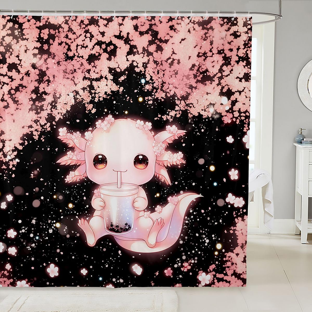 jejeloiu Cute Axolotl Shower Curtain Glitter Cherry Blossom Bath Curtain Milk Tea Salamander Bathroom Waterproof Accessories with 12 Hooks Black Pink Waterproof Polyester,72x72 Inches