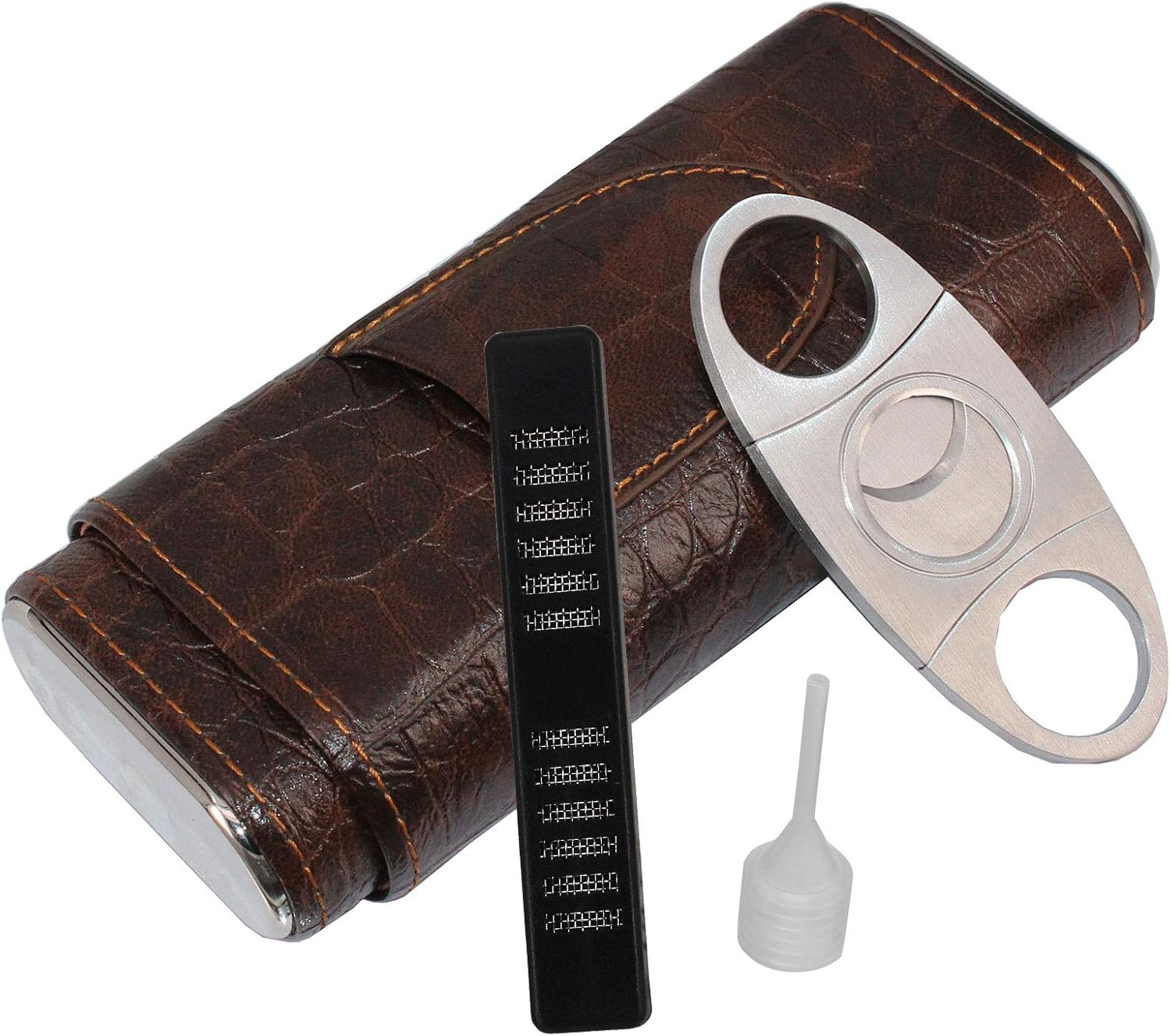 AMANCY 3-Finger Classy Black Brown Crocodile Pattern Leather Cigar Case With Small Humidifier and Cutter