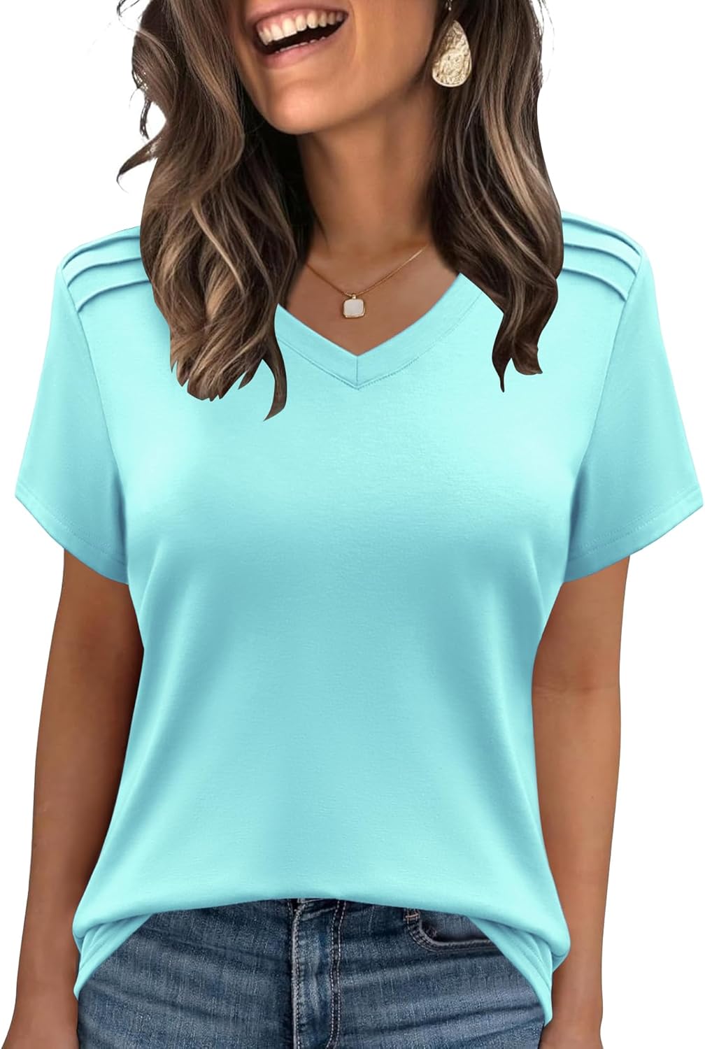 Womens Summer Tops V Neck T Shirts Pleated Short Sleeve Spring Fashion Clothes Aqua