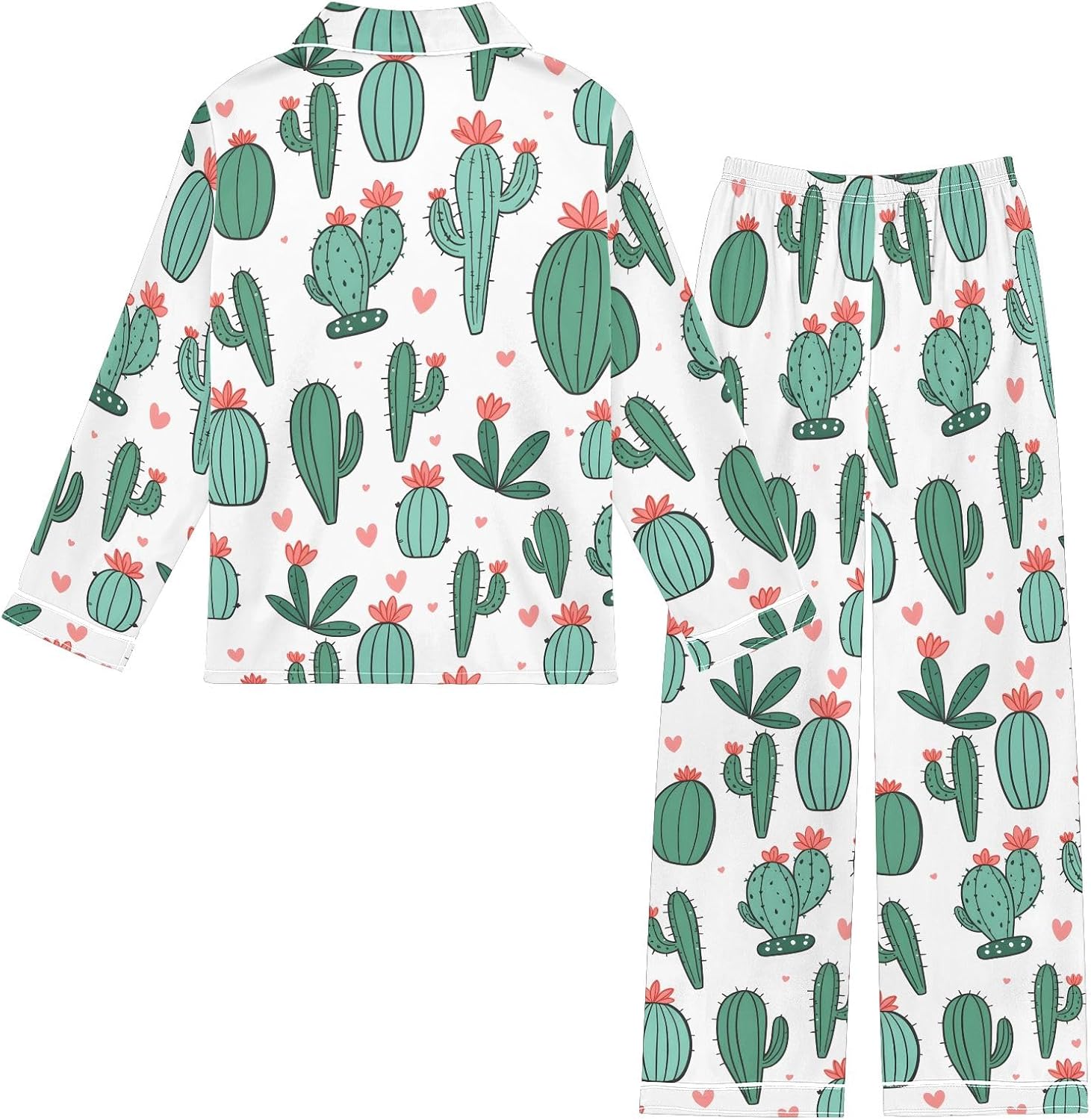 Kids Casual Satin Wear Set Green Flower Cactus Pattern Unisex Relaxed Fit Clothing