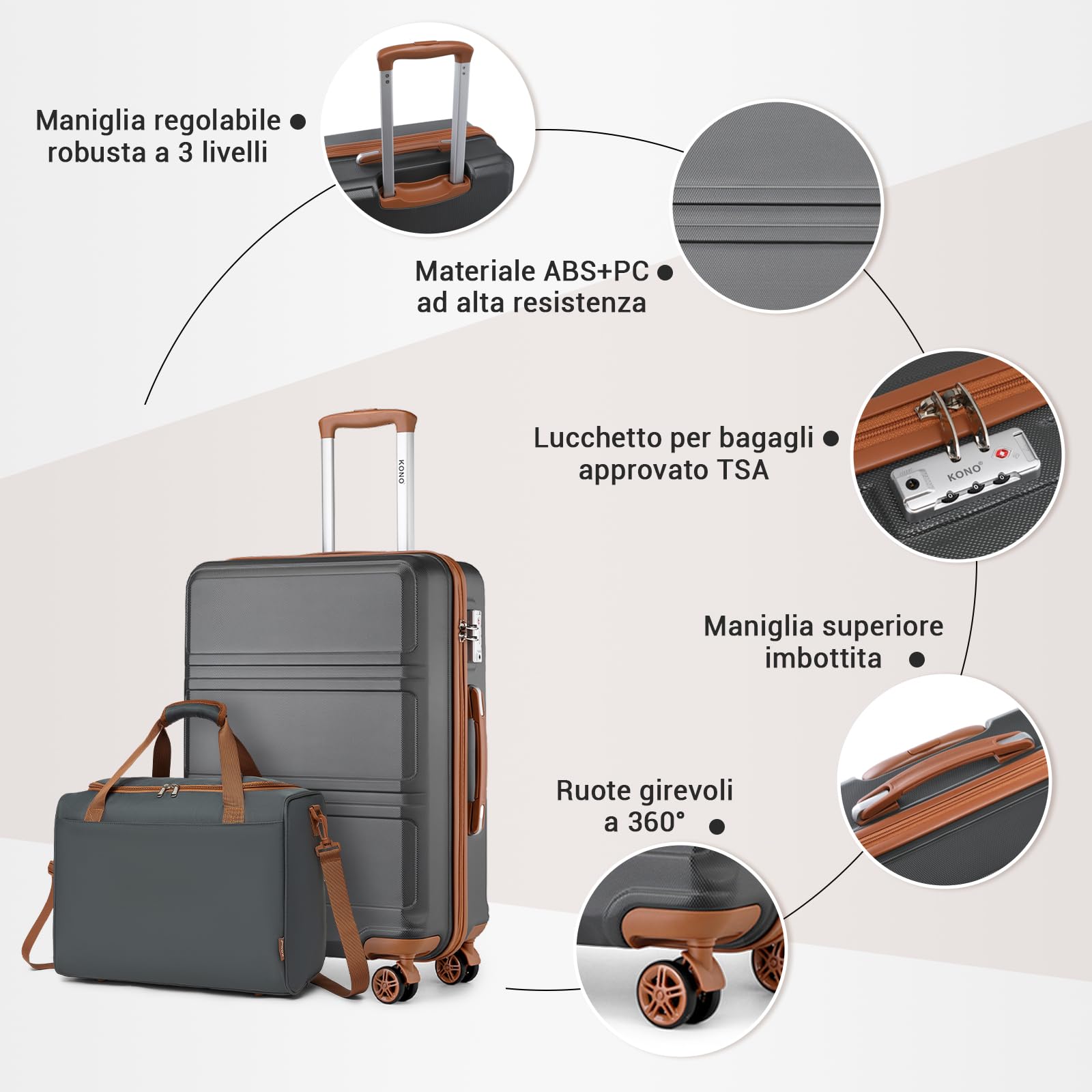 KONO Set di 2 Valigia Bagaglio a Mano Rigida e Leggera ABS+PC Trolley 55cm con 4 Ruote Rotanti e Lucchetto TSA & Borsa da Viaggio Ryanair 40x30x20, Grigio/Marrone