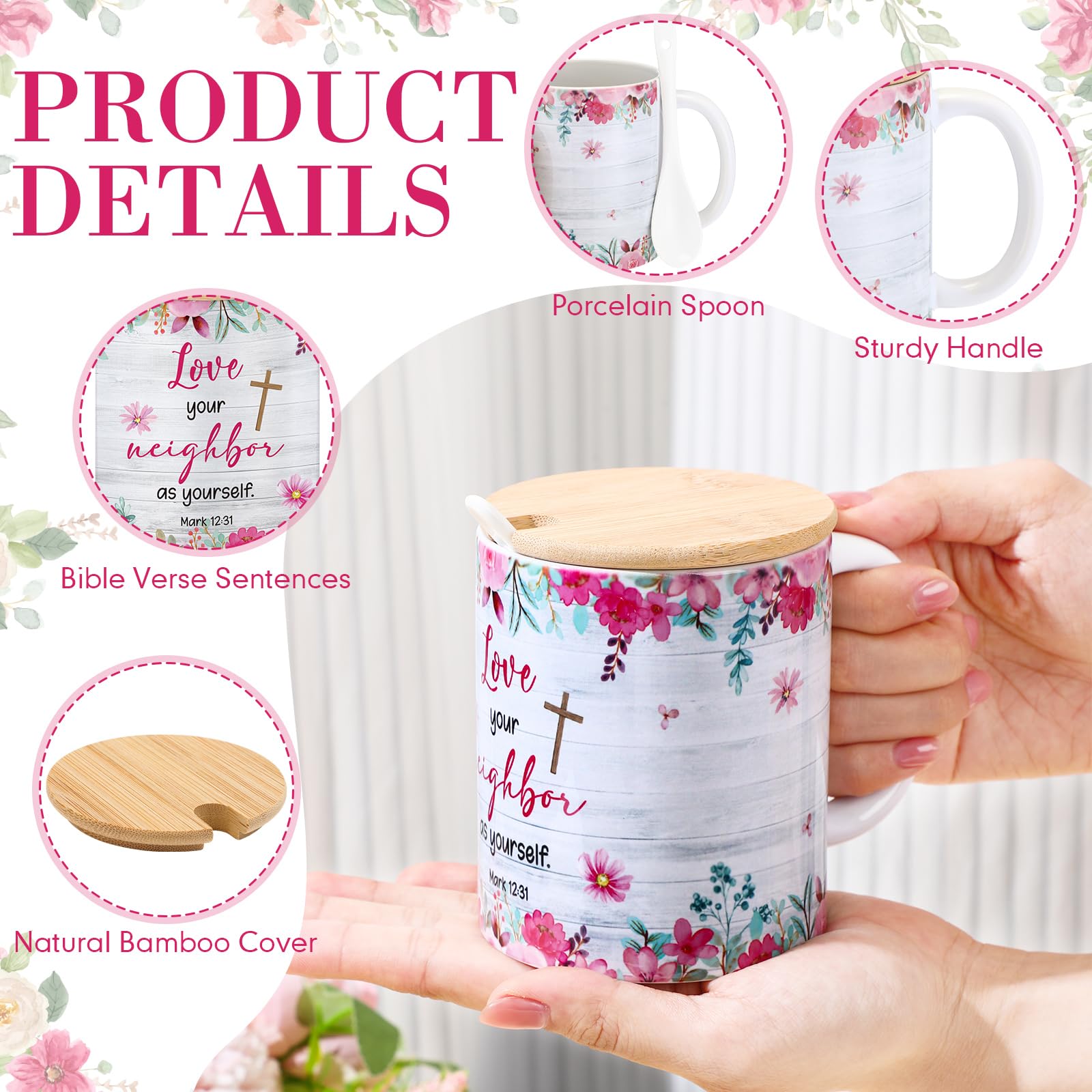 Remerry Lot de 6 tasses à café chrétiennes pour femme - 355 ml - Inspirations religieuses - Tasse vintage en céramique avec verset de la Bible - Tasse avec couvercle et cuillère - Cadeau d'église pour
