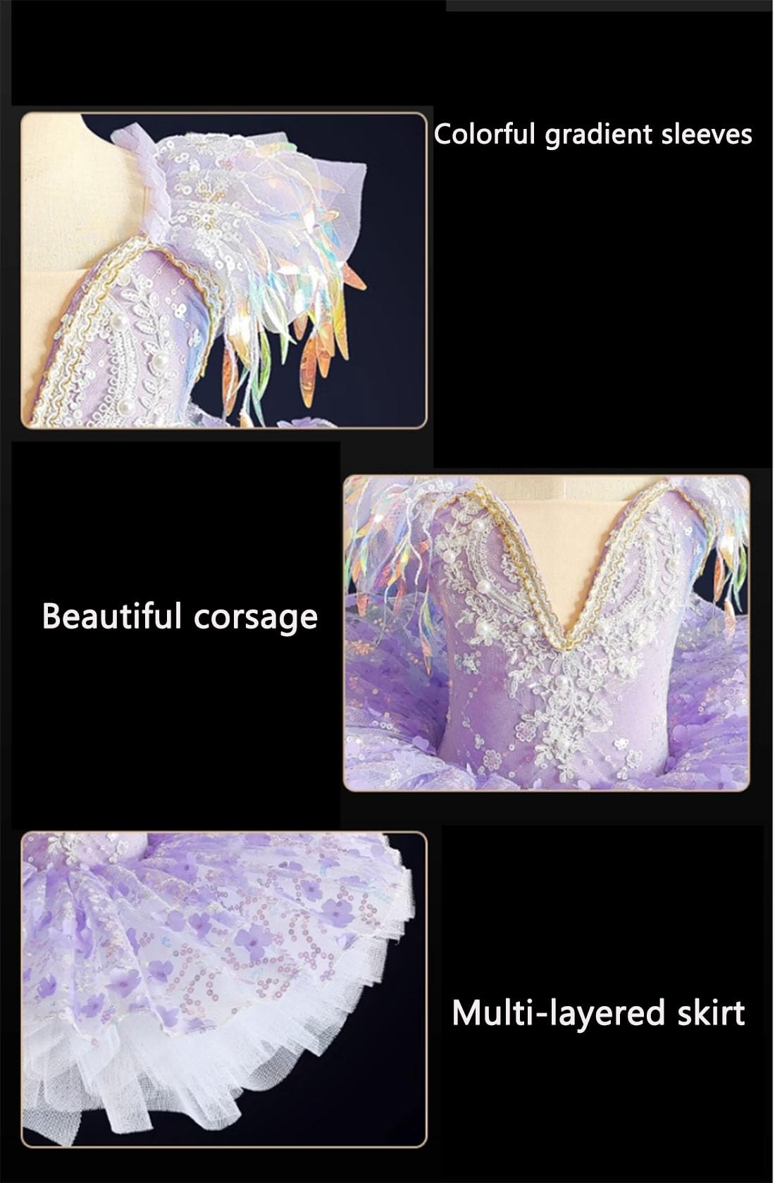 Vestido de Tutú de Ballet para Niñas, Falda de Baile con Borlas Y Lentejuelas, Mono de Ballet de Lago de Los Cisnes, Ropa de Fiesta Y Práctica. （160 cm）