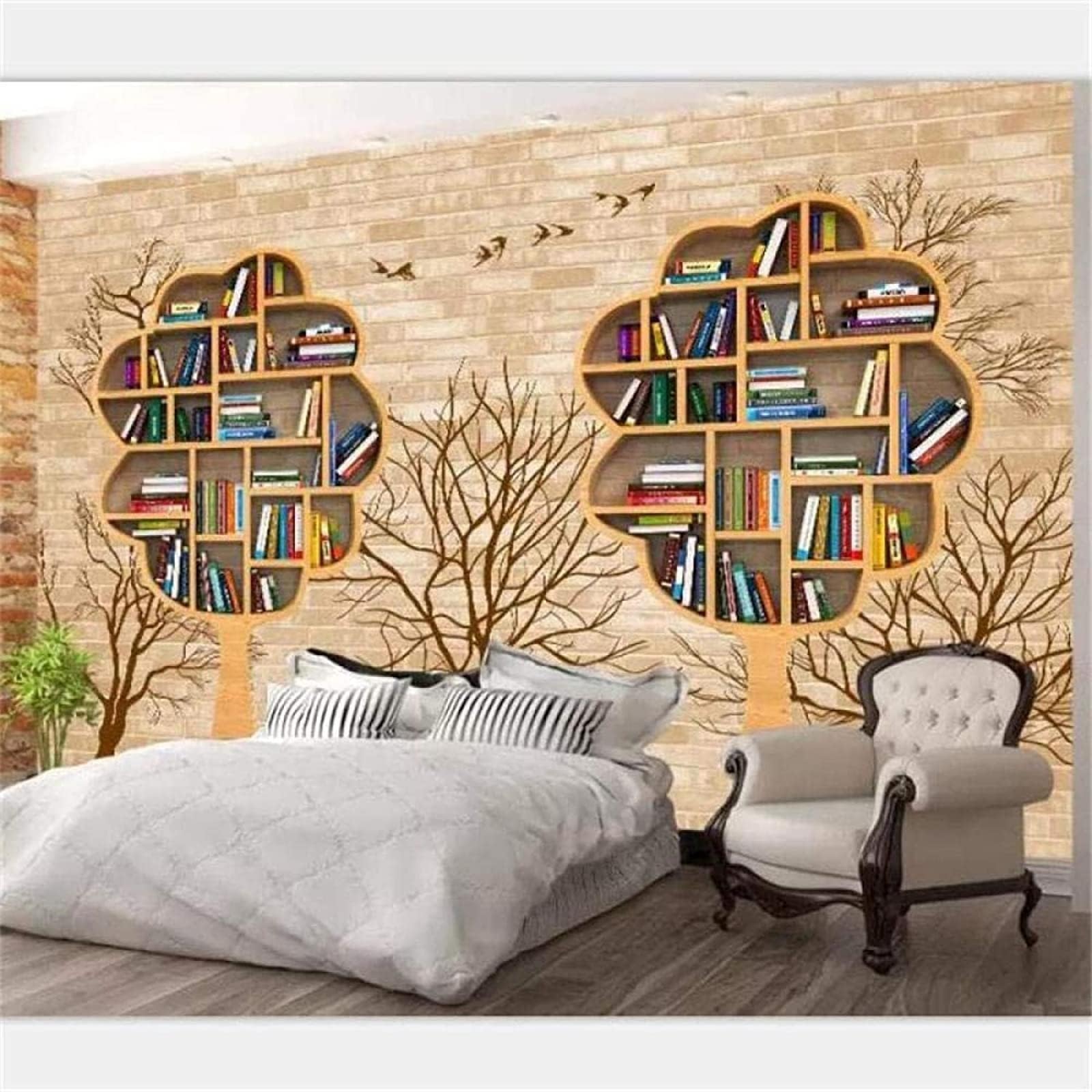 ELGADO Books Bookshelf Mural Wallpaper, Bird On Branch 3D Mural,Peel and Stick Wallpaper Mural Wall Decor,for Bedroom Living Room Tv Background Room