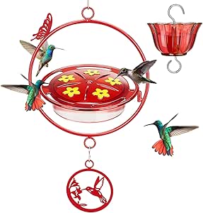 Kingsyard Upgraded Hummingbird Feeder Hanging, Large Capacity Nectar Tray Bee Proof Leakproof, Outdoor 5 Port Perch Metal Bracket Ant Moat Easy Clean Weather Resistant,Red Metal Frame asin的图片