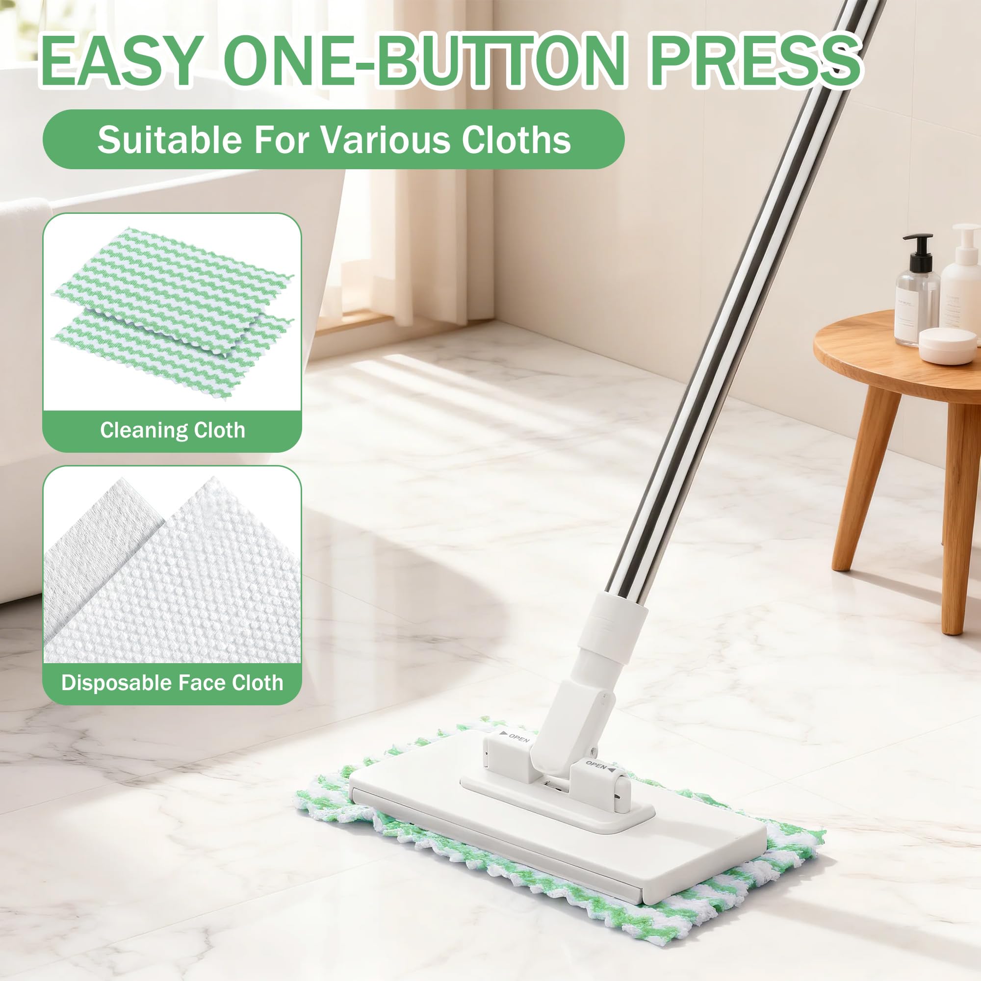 Mini Mopa con Clip & 10 Paños Reutilizables, Mopas de Limpieza Suelos con Cambio de Paño y Cabezal Giratorio de 360°, Fregonas Húmedas y Secas con Sistema de Clic para Suelos, Paredes, Baños y Cocinas — view 4