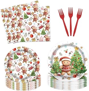 96Pcs Gingerbread Party Tableware Supplies Christmas Cute Gingerbread Man Plates and Napkins Merry Xmas Trees Santa Party Set Decorations Serve 24 Guests