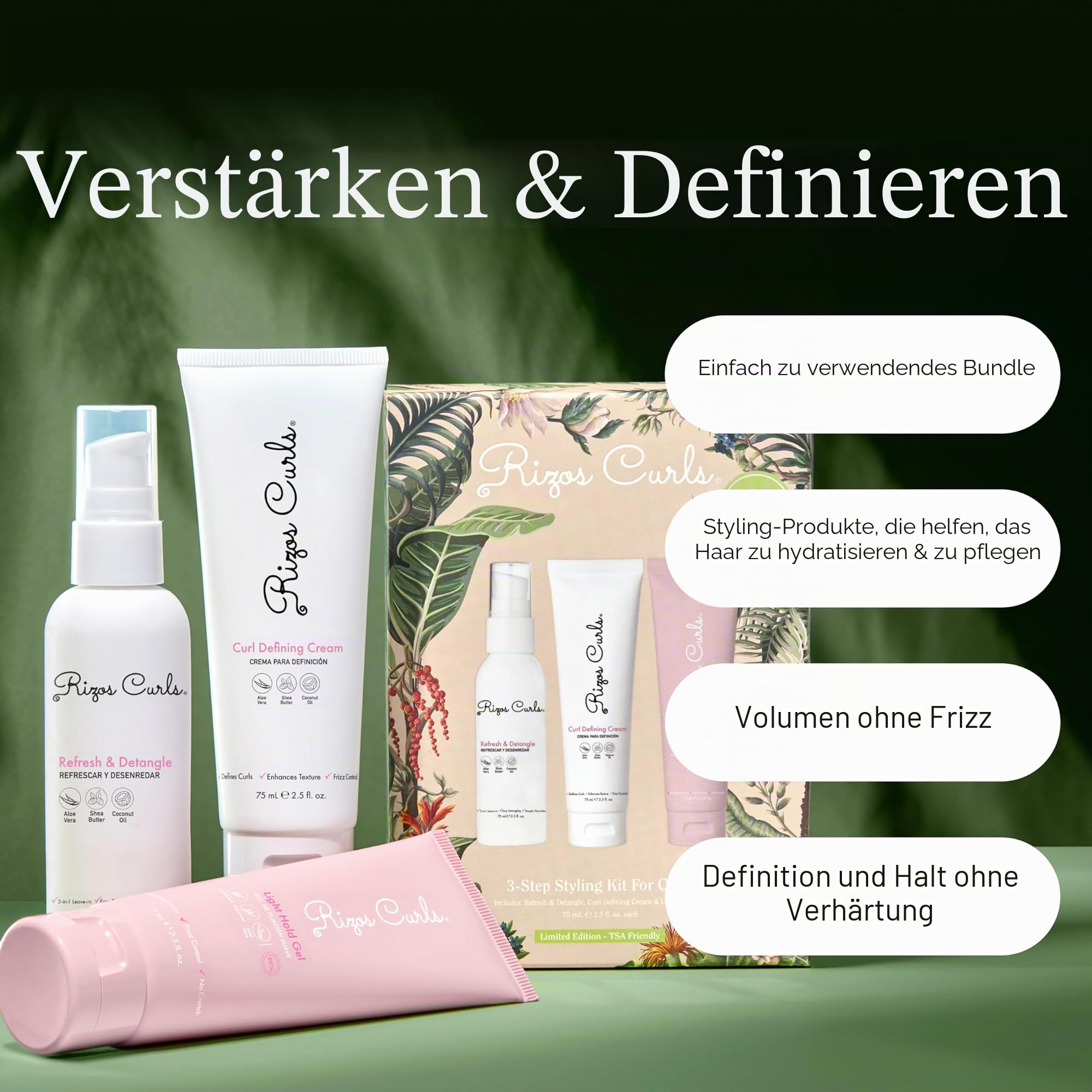 Rizos Curls 3-Stufen-Styling-Kit für Locken, strafft und definiert Locken, fügt Volumen und Halt hinzu, kontrolliert Frizz und Glanz