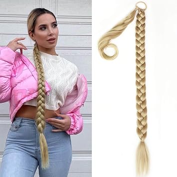 32inch Long Braided Ponytail Extensions for Women, Straight Wrap Around Hair Extensions With Hair Tie, Natural Soft DIY Synthetic Ponytail Daily WearGolden Blonde Highlights