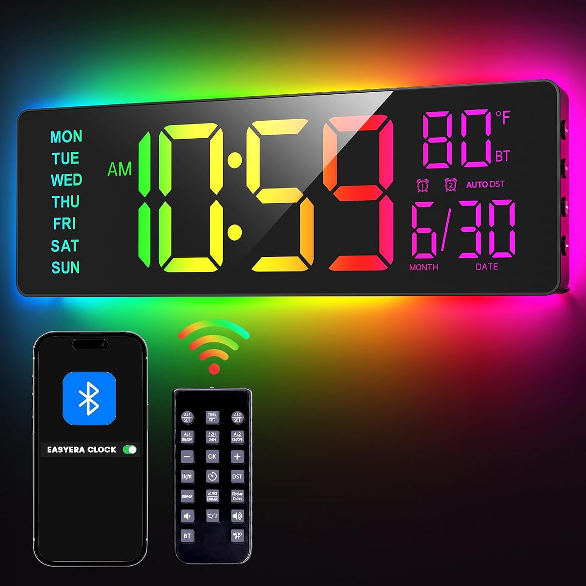 EASYERA Reloj de pared digital grande de 16,5 pulgadas con sincronización BT, 11 luces RGB | Control remoto en modo de 11 escenas, reloj LED grande con alarmas duales, DST automático, temperatura para juegos en el aula