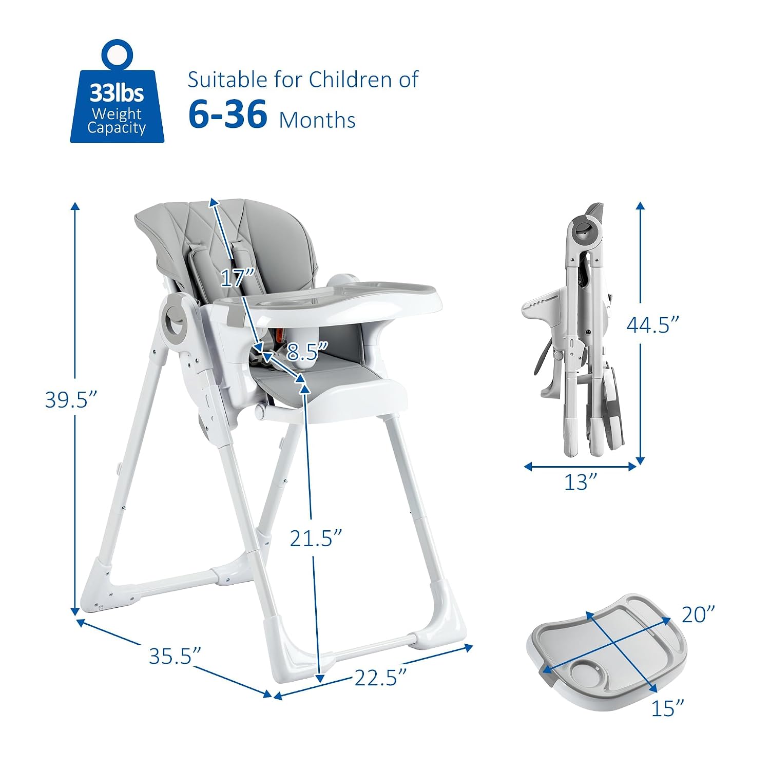 Adjustable & Foldable Baby High Chair with Reclining Seat – Removable Easy-Clean Tray for Infant & Toddler Feeding, Highchair for Babies and Toddlers, Light Grey