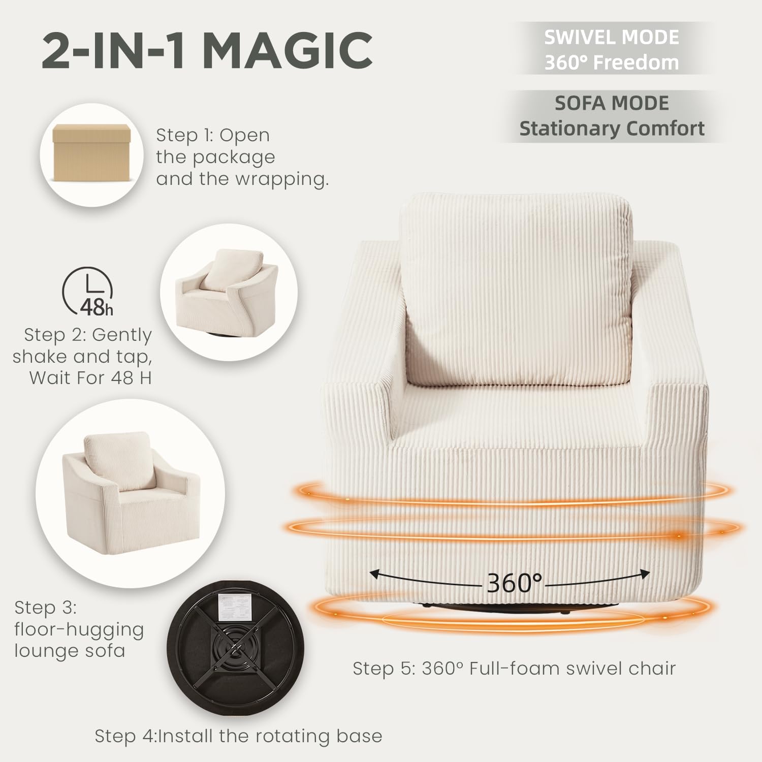 HOMREST Swivel Accent Chair Sets of 2, 360° Rotating Plush Comfy Armchairs with Storage Pocket, Beige Reading Chair for Bedroom Living Room Lounge