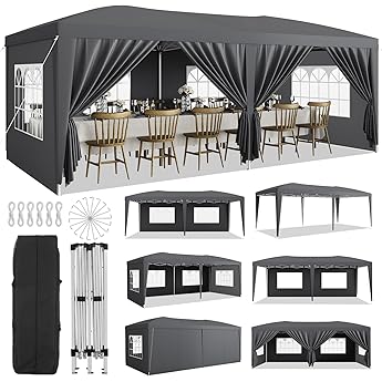 10x20 Heavy Duty Pop Up Canopy Tent with 6 Removable Sidewalls, Easy Up Commercial Canopy Tents for Parties, Large Outdoor Canopies with 3 Adjustable Heights, Stakes X18, Ropes X6,White