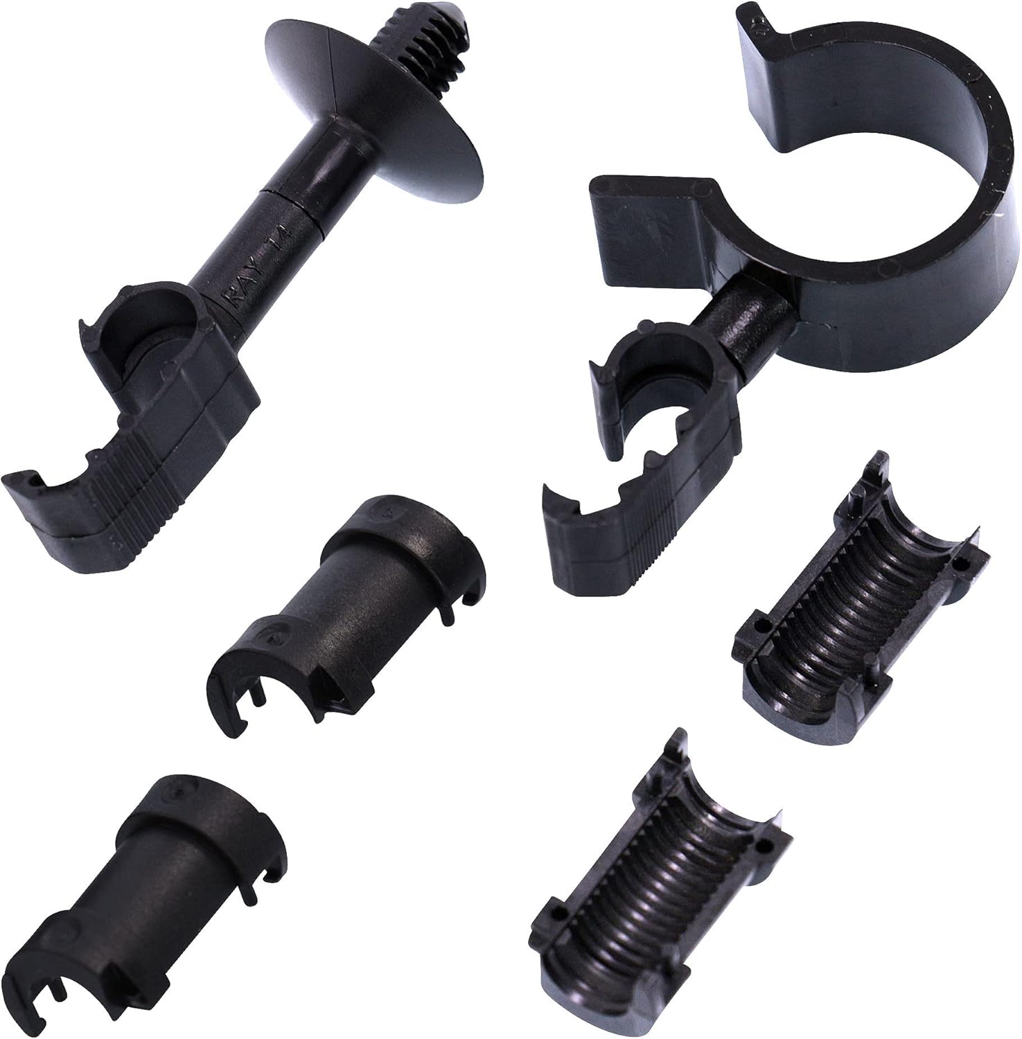 Assortment of plastic mounting clips and fasteners for the sensor cable
