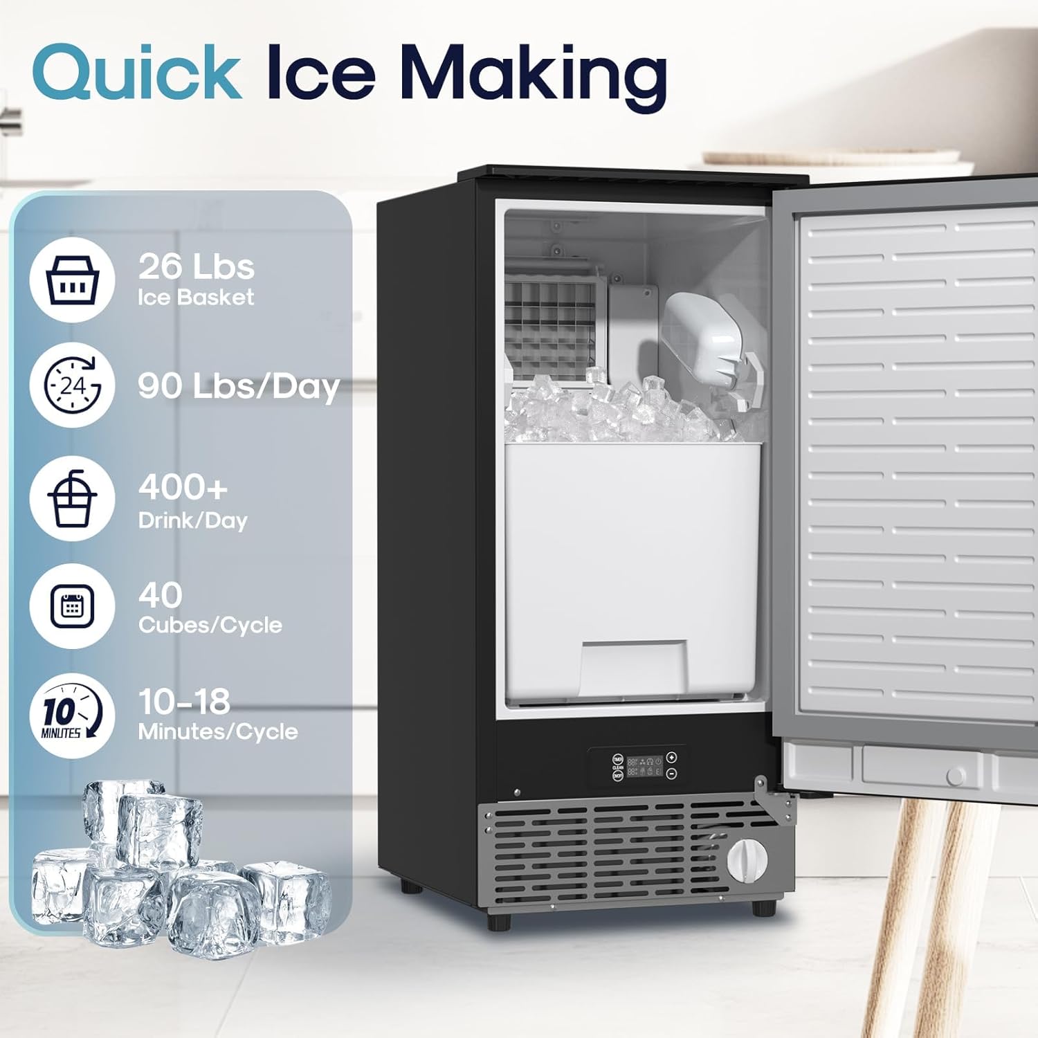ICEPURE 15" Under Counter Ice Maker with Filter and Drain Pump, WiFi Control, ETL FCC, 90lbs/24H, Self-Cleaning, Smart Reminder, 24H Timer, Freestanding for Home Residential Commercial Stainless Steel