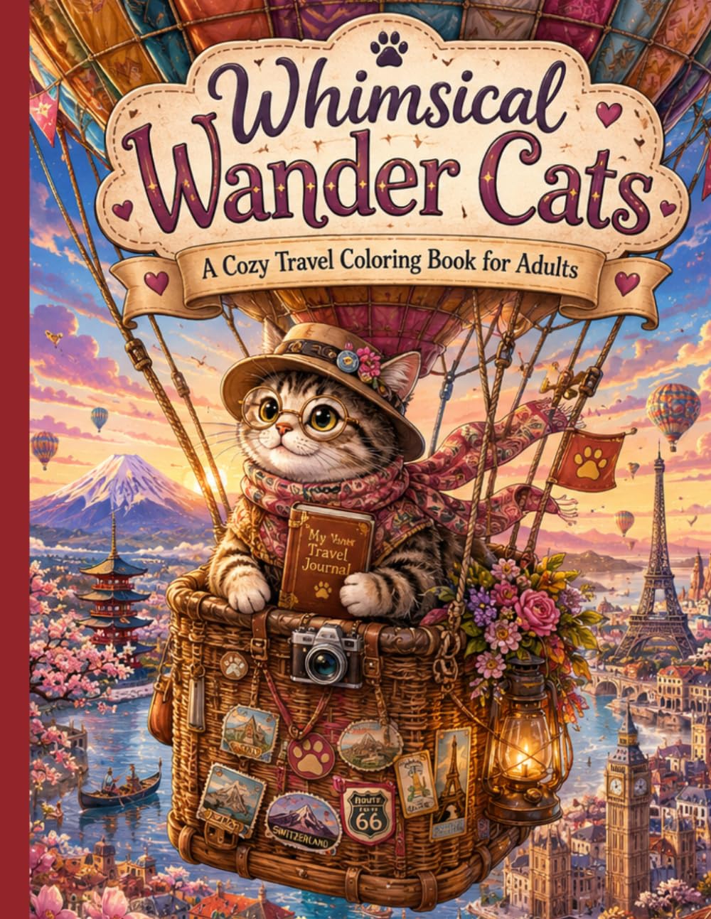 Whimsical Wander Cats: A Cozy Travel Coloring Book for Adults