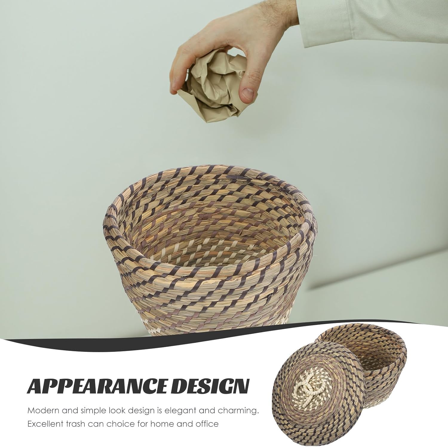 SHINEOFI Woven Trash Can with Lid Large Brown Bohemian Storage Basket Sturdy Office Waste Basket for Bedroom Bathroom Home Organization